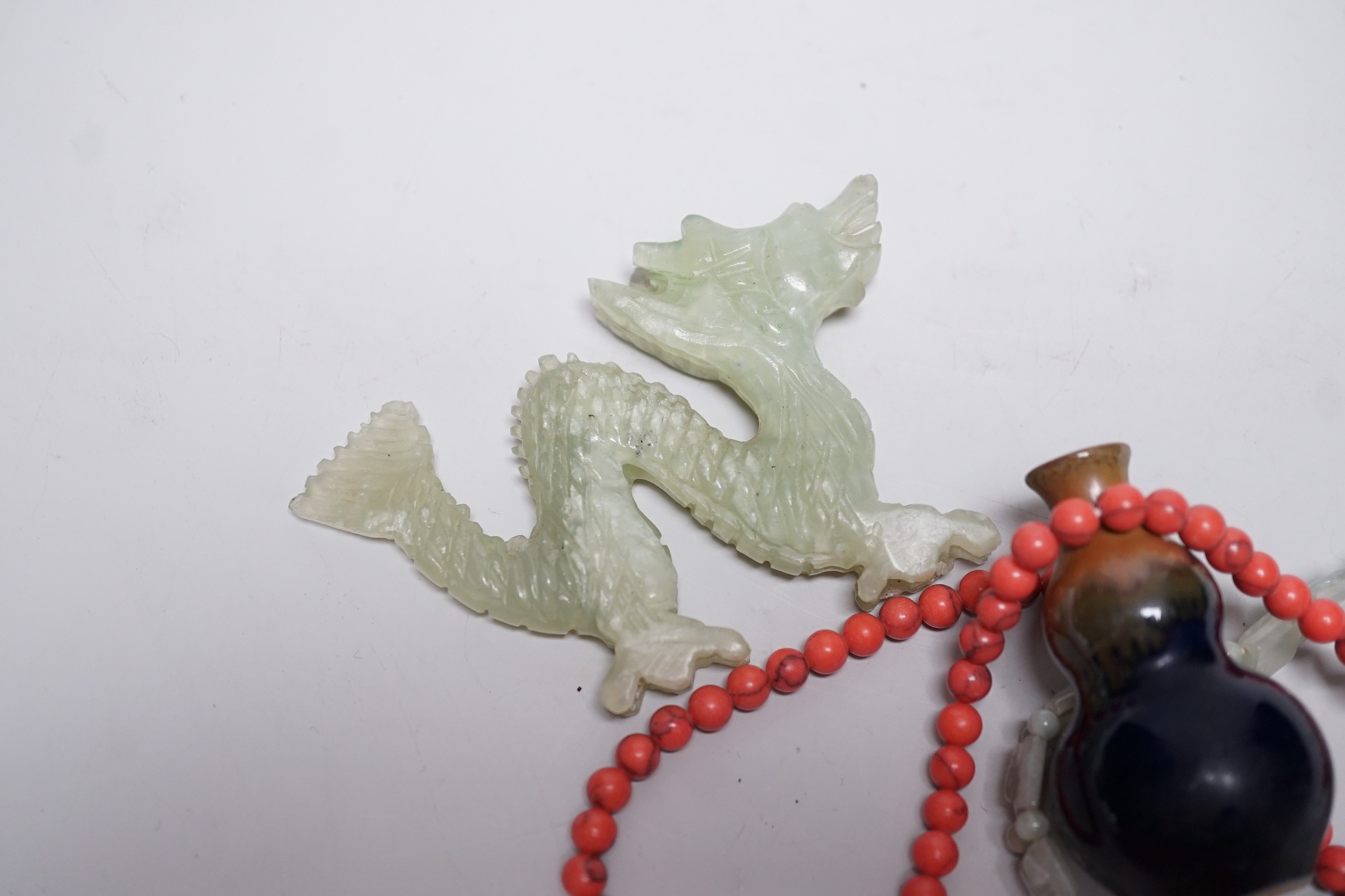 Assorted Chinese carvings, coral beads etc.